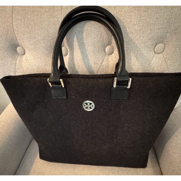 Tory Burch Ella Tote Felt Wool Leather Handbag Charcoal Gray Size Large - Picture 3 of 11